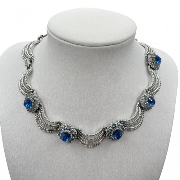 Vintage CORO LA REINE Blue Rhinestone Silver Tone Necklace Book Piece 1955 - Picture 3 of 9
